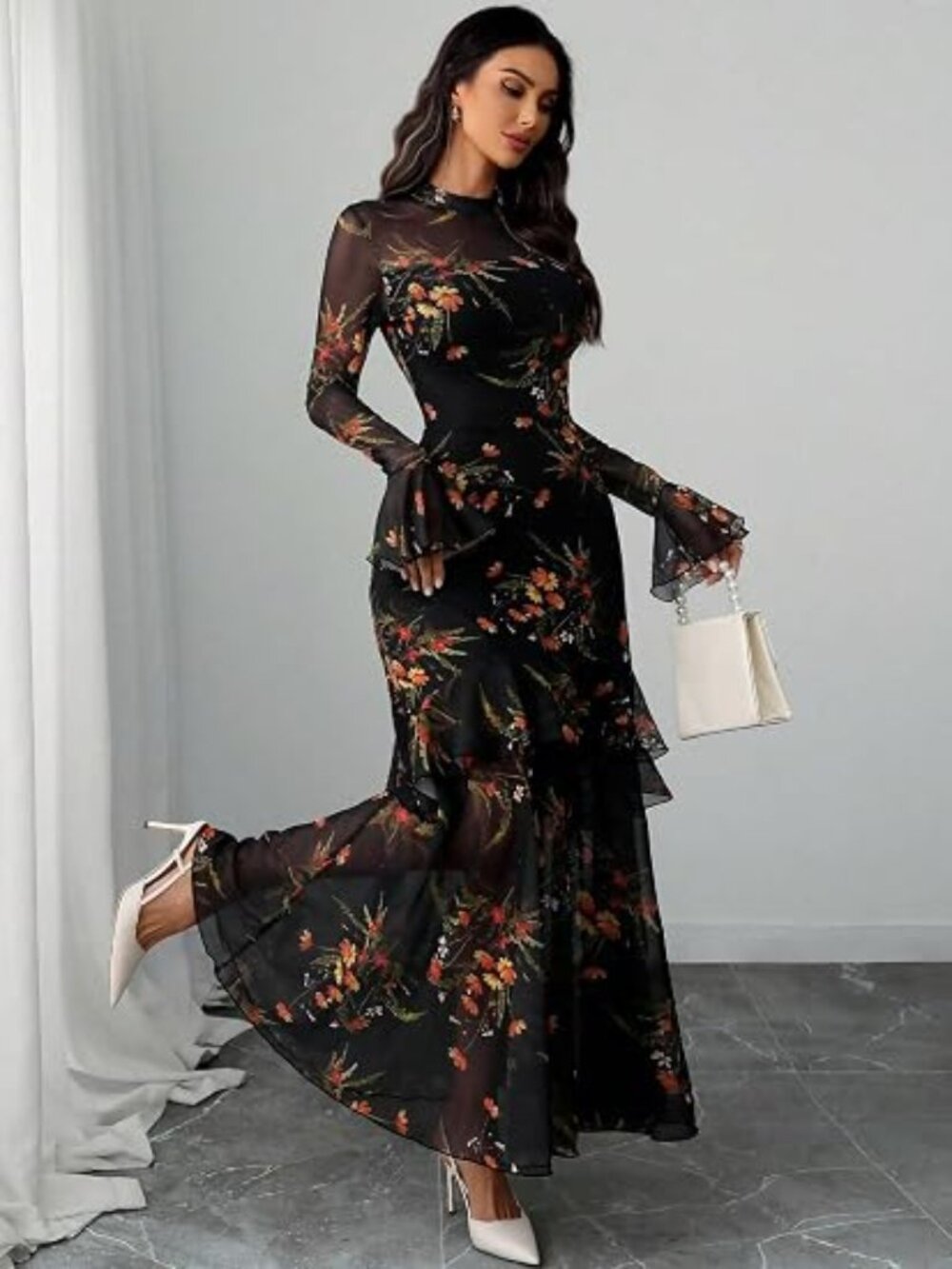 Women Floral Maxi Dress Bell Sleeve Party Wedding Guest Dresses